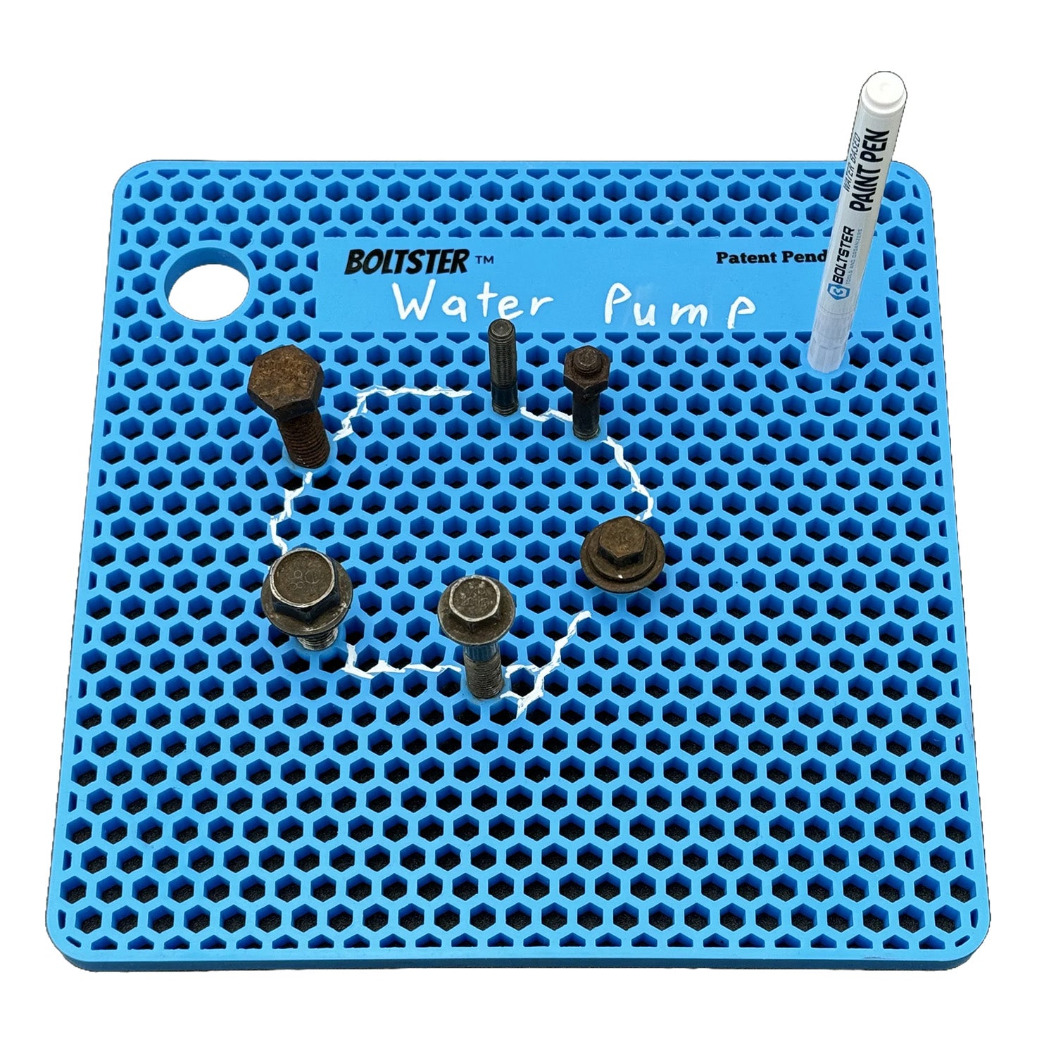 Boltster™ Organizer Paint Pen used to label and outline fasteners on a blue silicone tray marked for a water pump layout