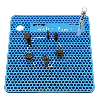 Boltster™ Organizer Paint Pen used to label and outline fasteners on a blue silicone tray marked for a water pump layout