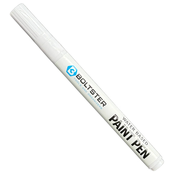 Boltster™ Organizer Paint Pen in white with water-based ink, designed for labeling silicone organizing trays