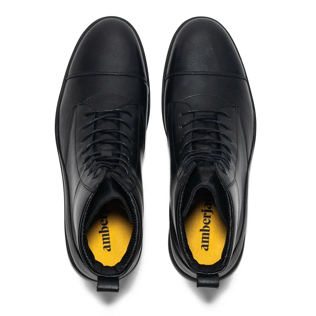 Amberjack The Boot Obsidian black pilot ankle boot, left side view, lace-up aviation boot | Top Veiw