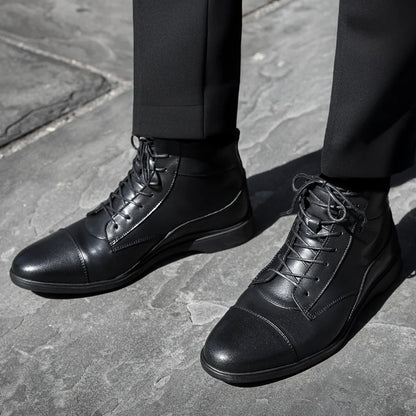 Amberjack The Boot Obsidian black pilot ankle boot, left side view, lace-up aviation boot | Lifestyle Close-up