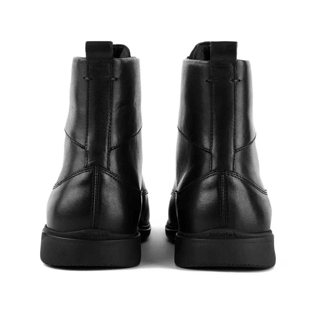 Amberjack The Boot Obsidian black pilot ankle boot, left side view, lace-up aviation boot | Back
