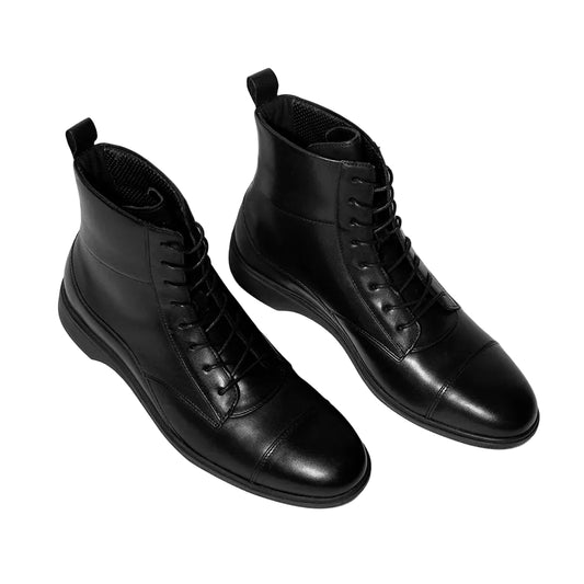 Amberjack The Boot Obsidian black pilot ankle boot, left side view, lace-up aviation boot | Angled Veiw
