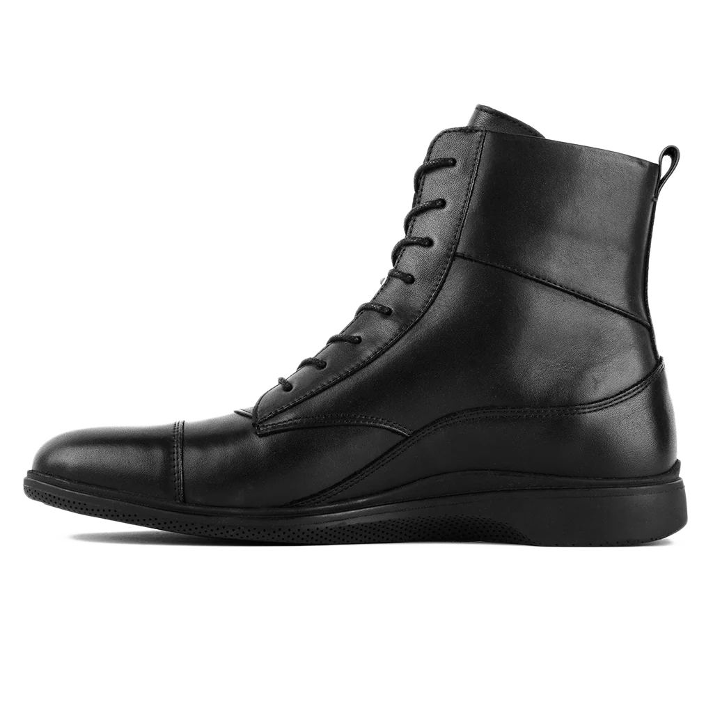 Amberjack The Boot Obsidian black pilot ankle boot, left side view, lace-up aviation boot | Left