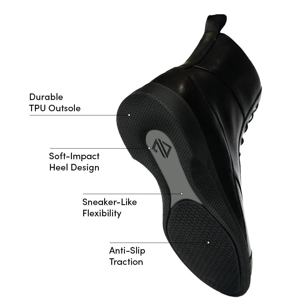 Amberjack The Boot Obsidian black pilot ankle boot, left side view, lace-up aviation boot | Features
