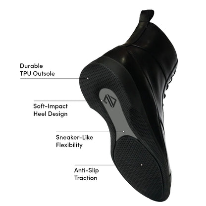 Amberjack The Boot Obsidian black pilot ankle boot, left side view, lace-up aviation boot | Features