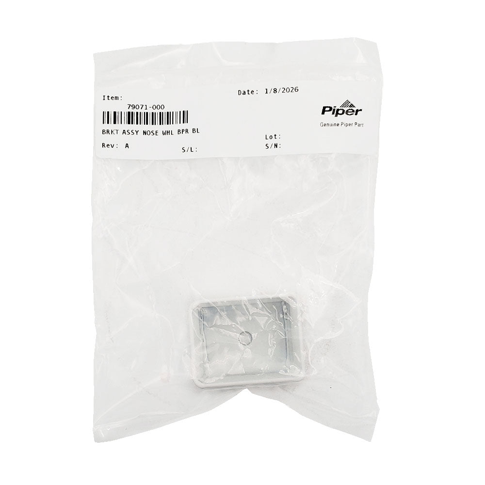 Piper Aircraft nose wheel bumper bracket assembly 79071-000 in clear plastic bag with Piper Genuine Part label.