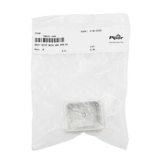 Piper Aircraft nose wheel bumper bracket assembly 79071-000 in clear plastic bag with Piper Genuine Part label.