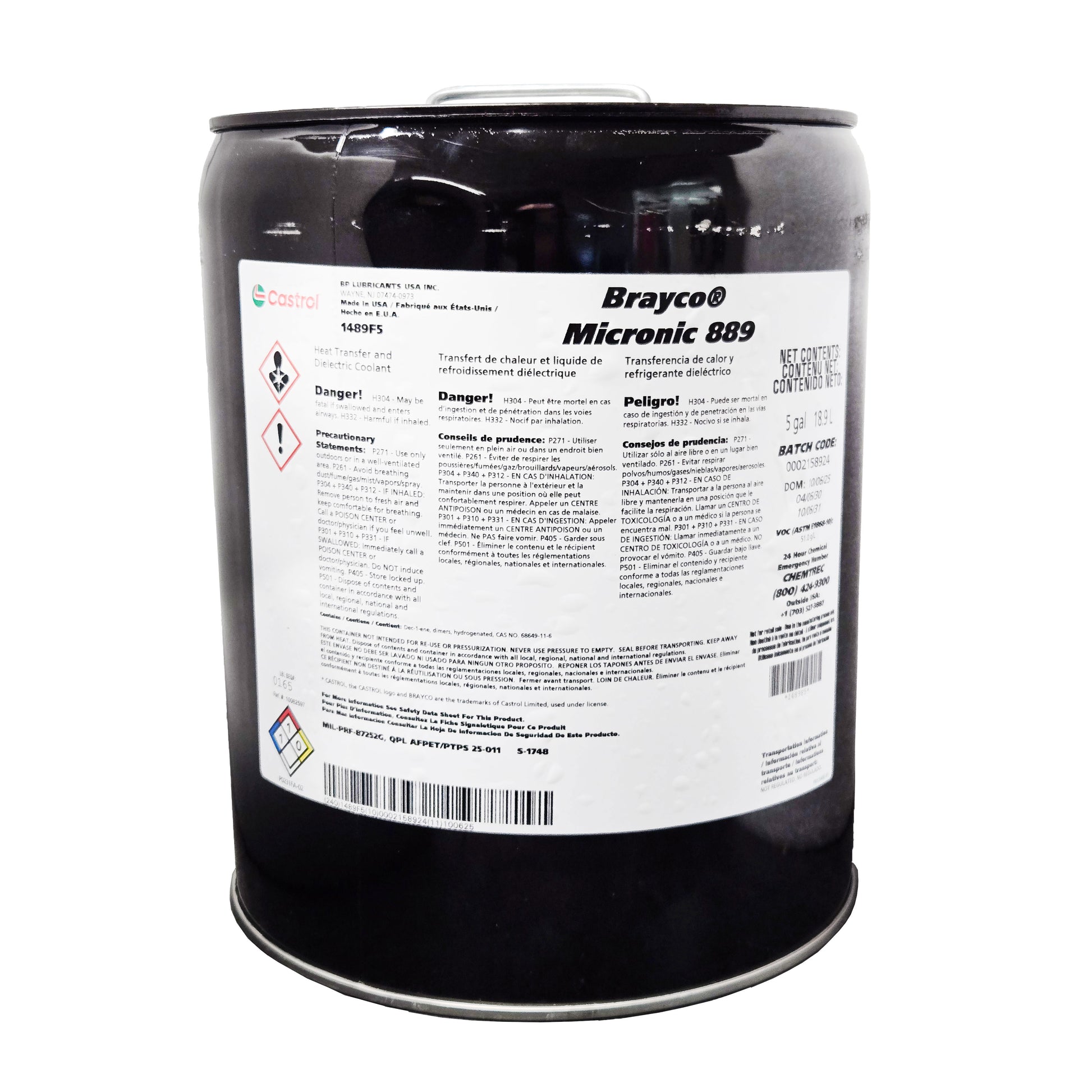 Angled view of Castrol Brayco Micronic 889 5-gallon drum showing product label for heat transfer and dielectric coolant with danger warnings.