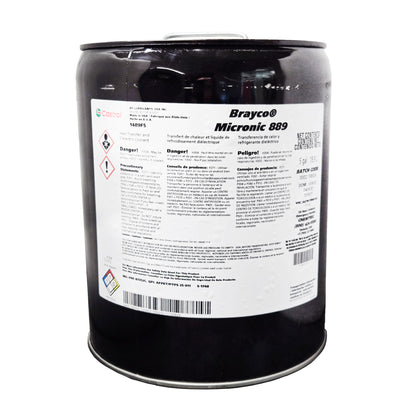 Angled view of Castrol Brayco Micronic 889 5-gallon drum showing product label for heat transfer and dielectric coolant with danger warnings.