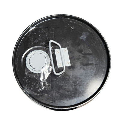 Top-down view of Castrol Brayco Micronic 889 coolant fluid 5-gallon black metal drum showing lid handle and sealed fill cap.