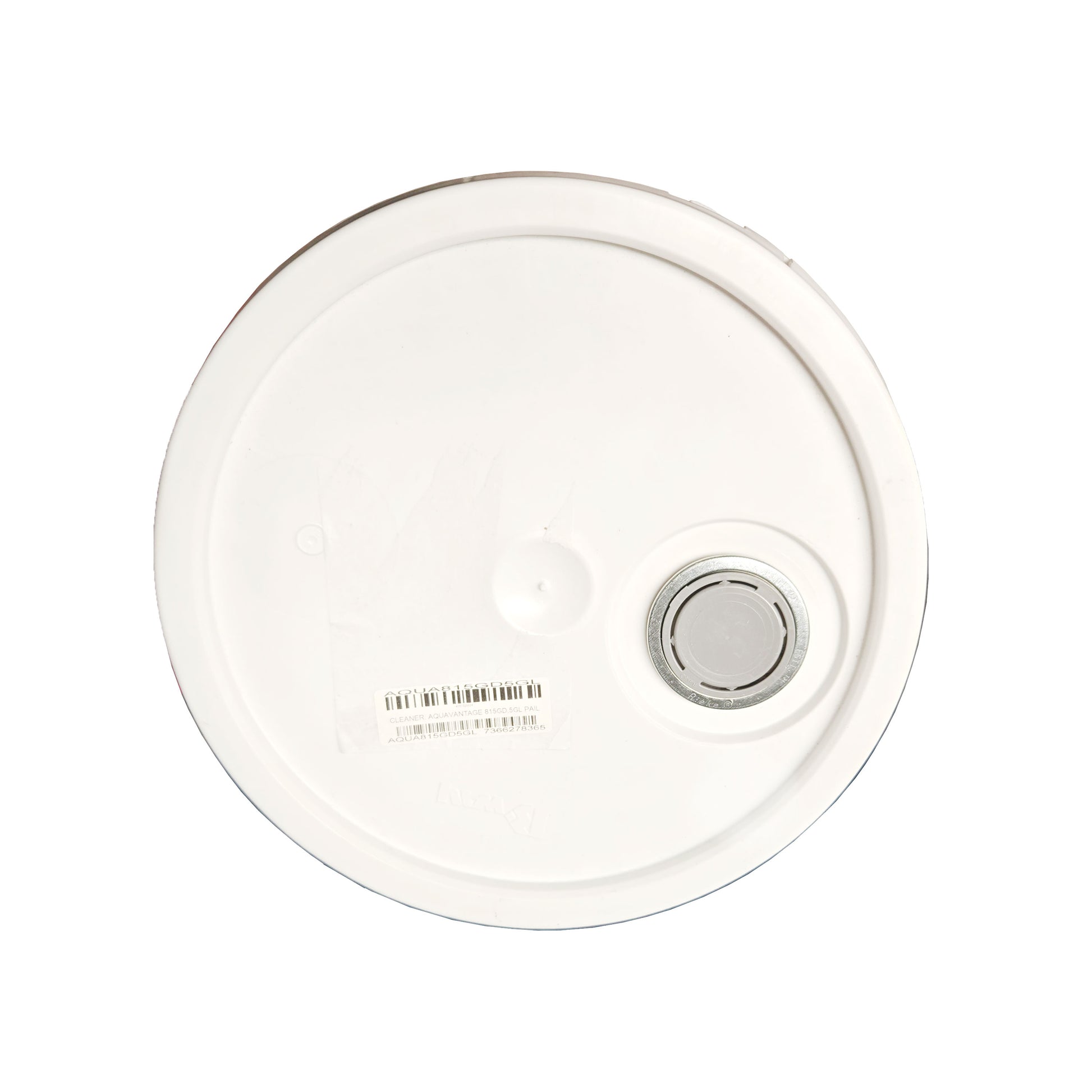 Top-down view of Brulin AquaVantage 815 GD 5-gallon detergent bucket showing white lid with metal screw cap and barcode.