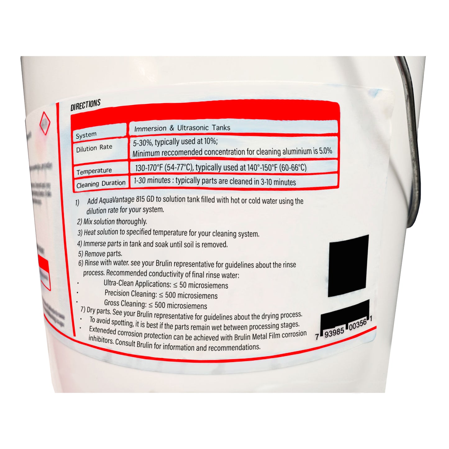 Close-up of Brulin 815GD directions label showing dilution rates, temperature guidelines, and step-by-step immersion and ultrasonic cleaning instructions.