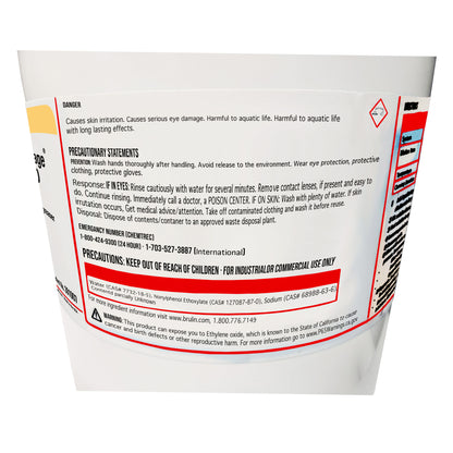Close-up of Brulin 815GD hazard label with skin and eye damage warnings, aquatic toxicity notice, CAS ingredient list, and ethylene oxide Prop 65 warning.