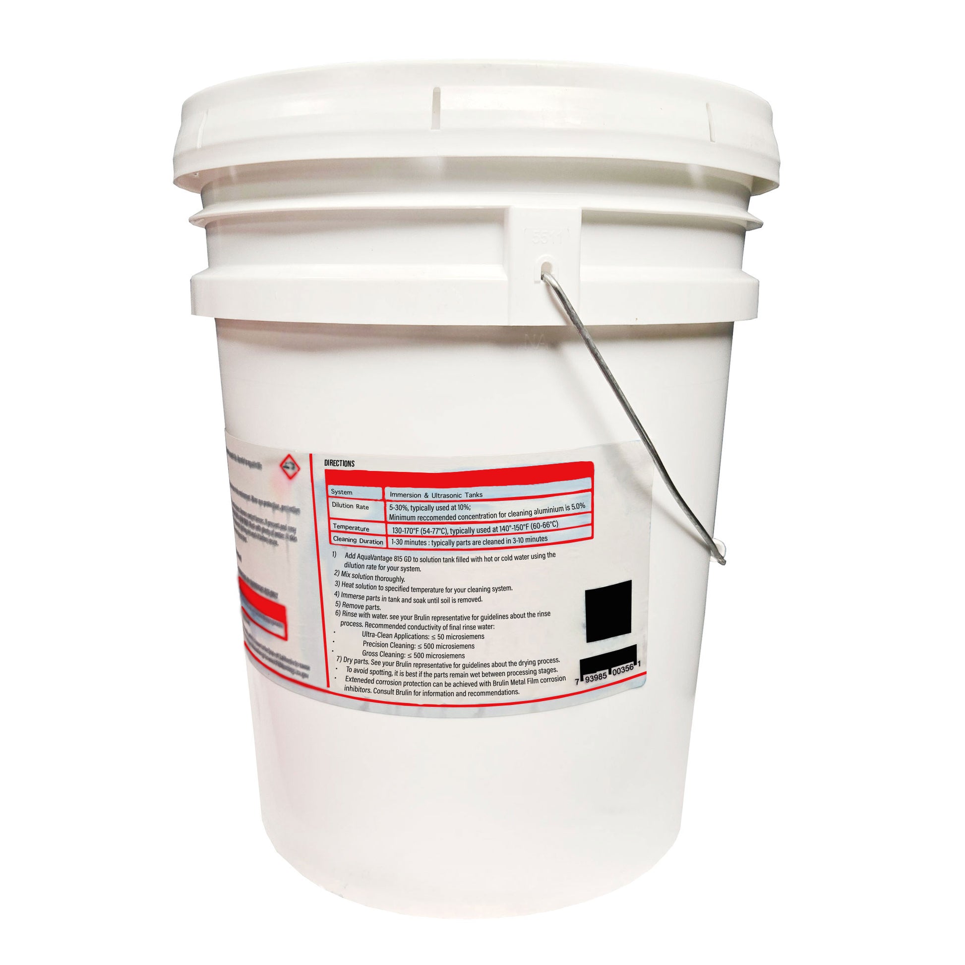 Angled view of Brulin 815GD 5-gallon bucket with handle and red directions label visible on the side.