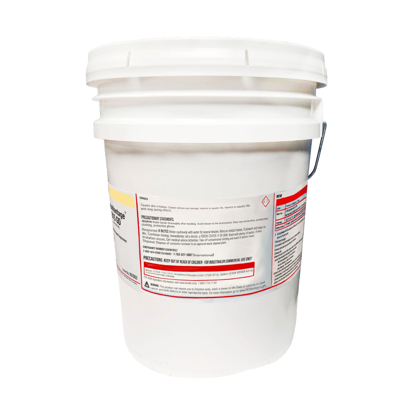 Side view of Brulin 815GD bucket focusing on danger and precautionary statements for skin irritation, eye damage, and environmental hazards.