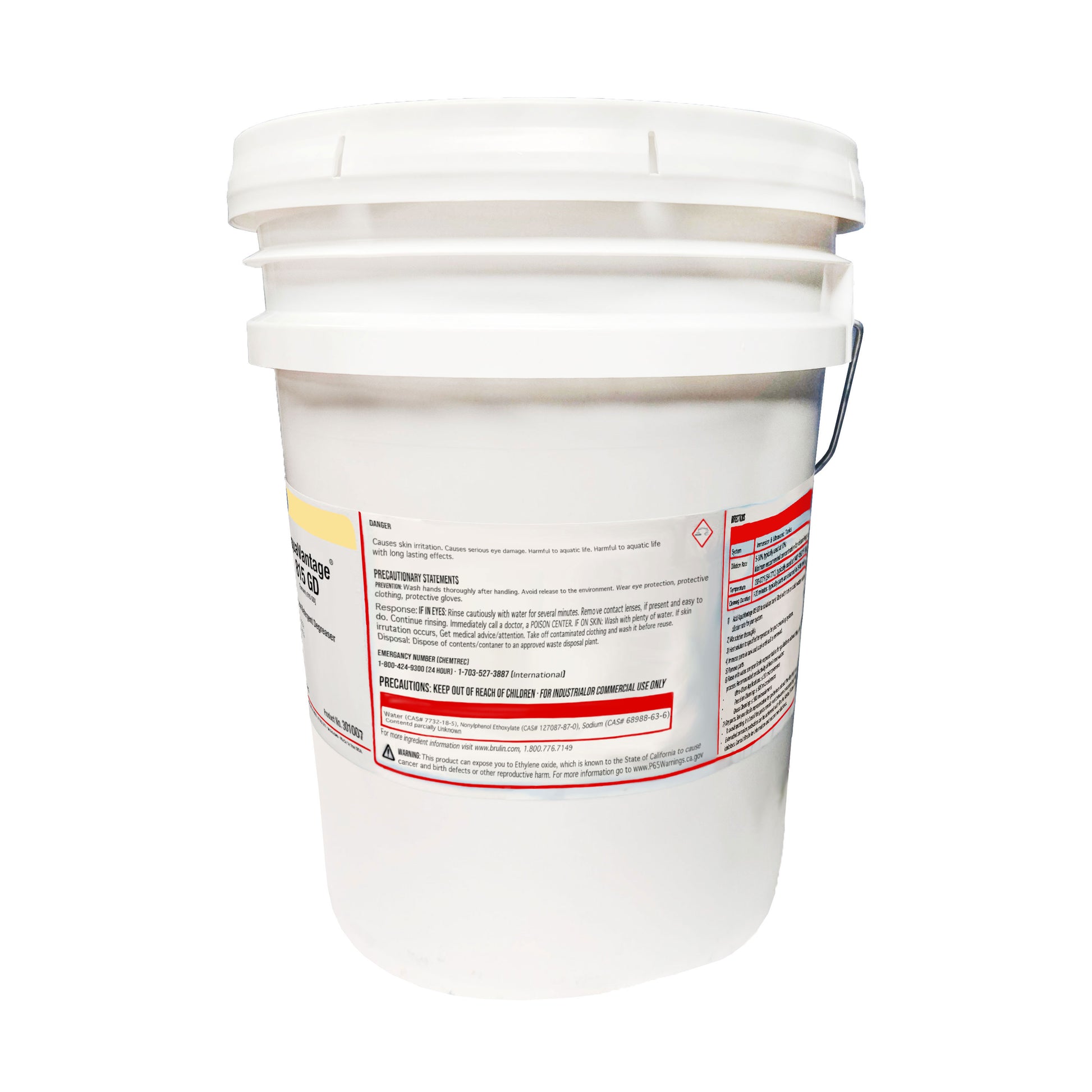 Side view of Brulin 815GD bucket focusing on danger and precautionary statements for skin irritation, eye damage, and environmental hazards.