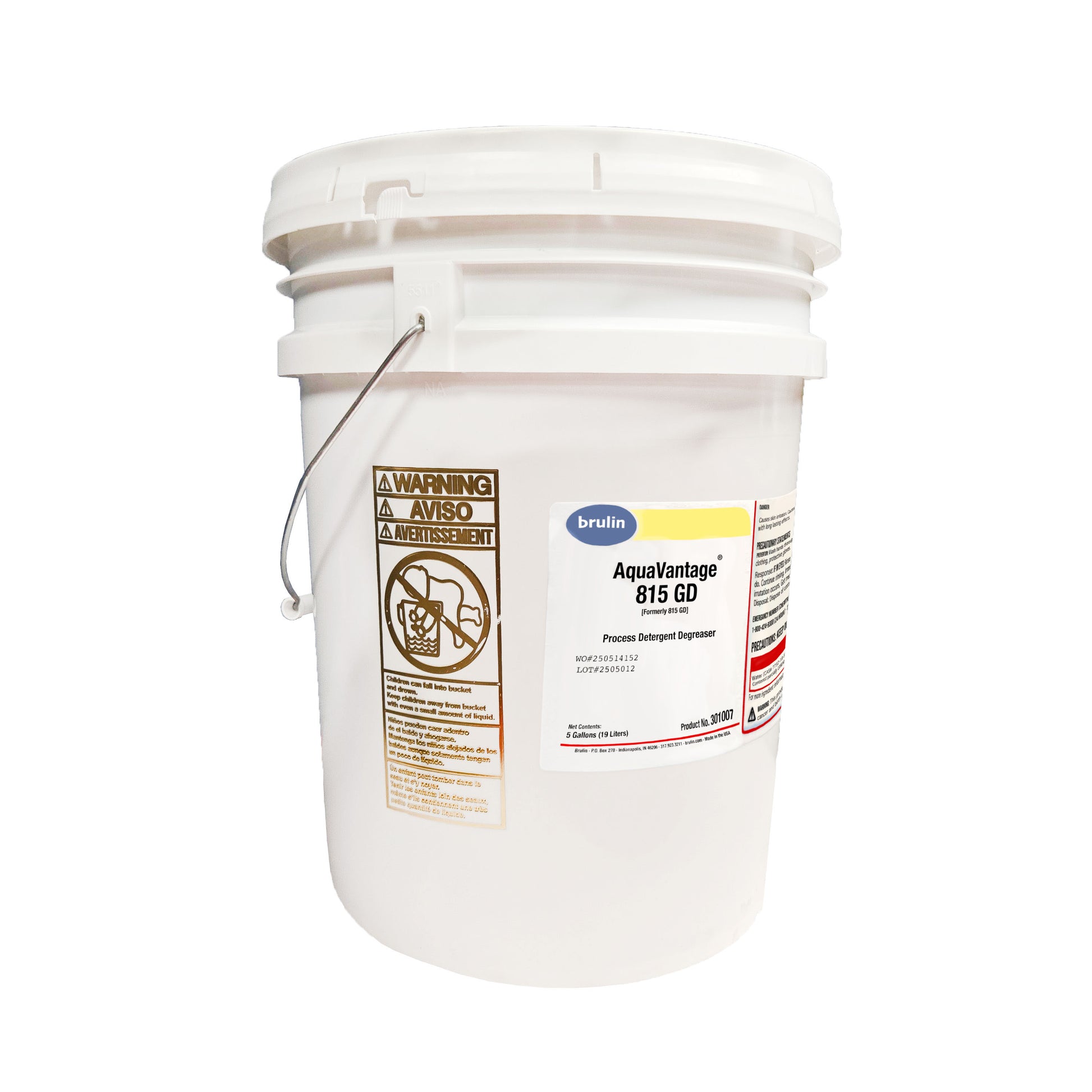 Front-facing view of Brulin AquaVantage 815 GD 5-gallon bucket showing main label, size, and large multilingual chemical warning panel.