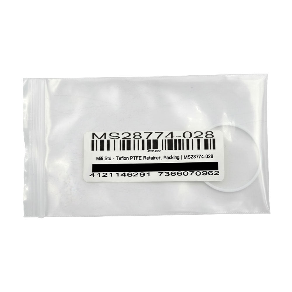 Clear plastic bag containing Continental CC201 white circular ring with label MS28774-028 Teflon PTFE retainer packing