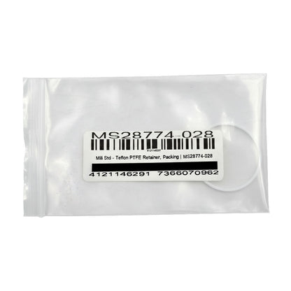 Clear plastic bag containing Continental CC201 white circular ring with label MS28774-028 Teflon PTFE retainer packing