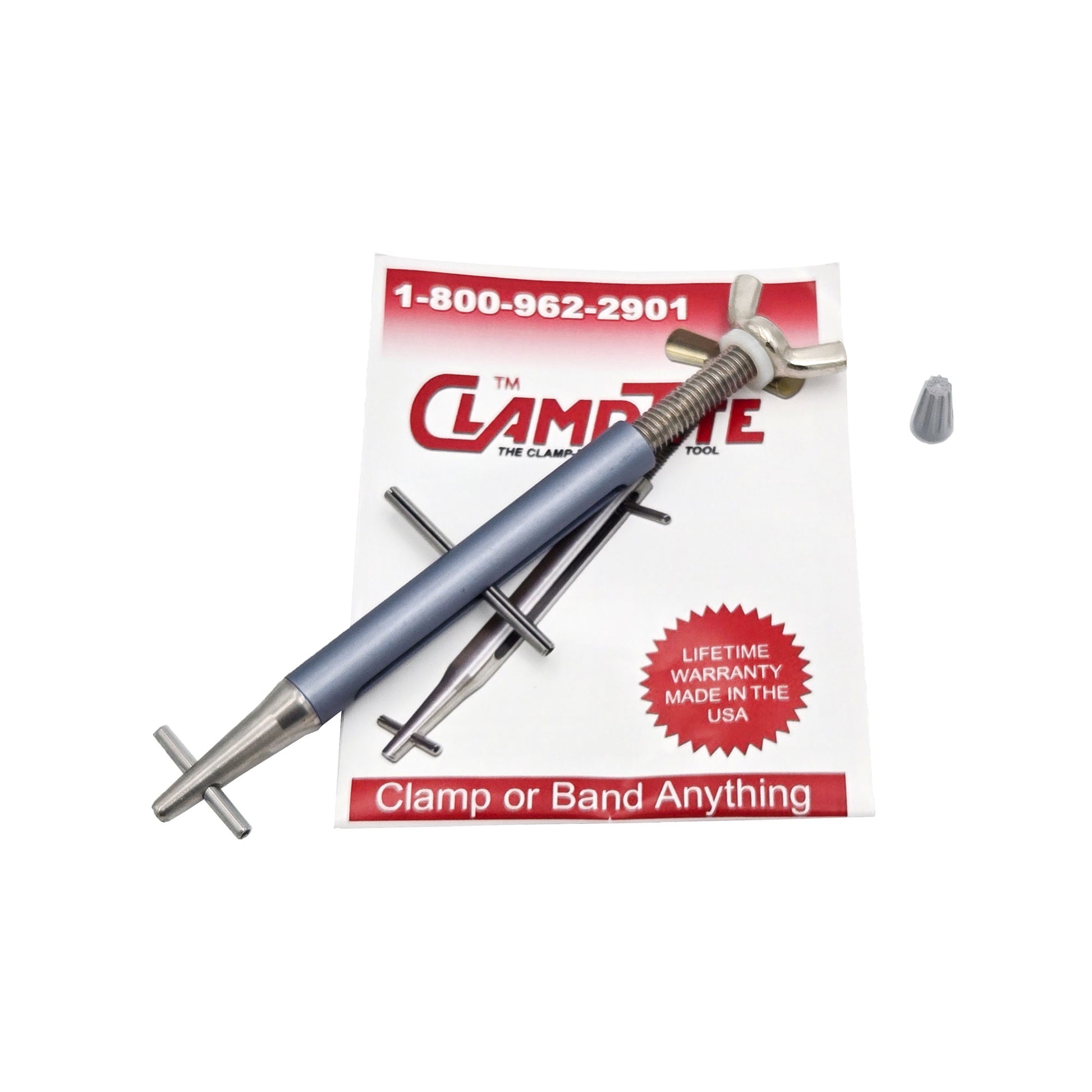 ClampTite stainless steel tool with 4.75 inch body and aluminum nut displayed on instruction card with lifetime warranty and USA made text
