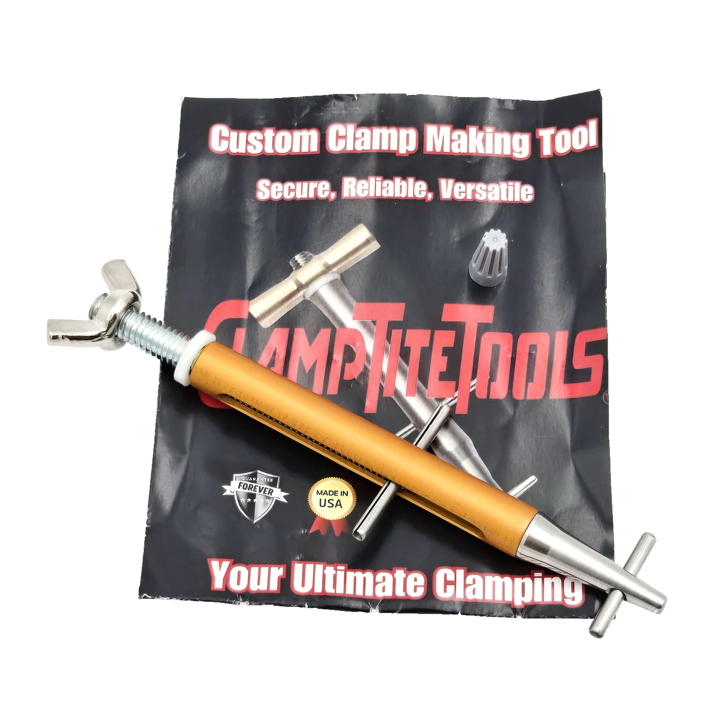 ClampTite plated steel tool with aluminum nut, 4.75 inch size, brass-toned finish shown on black and red packaging with USA made and lifetime guarantee text