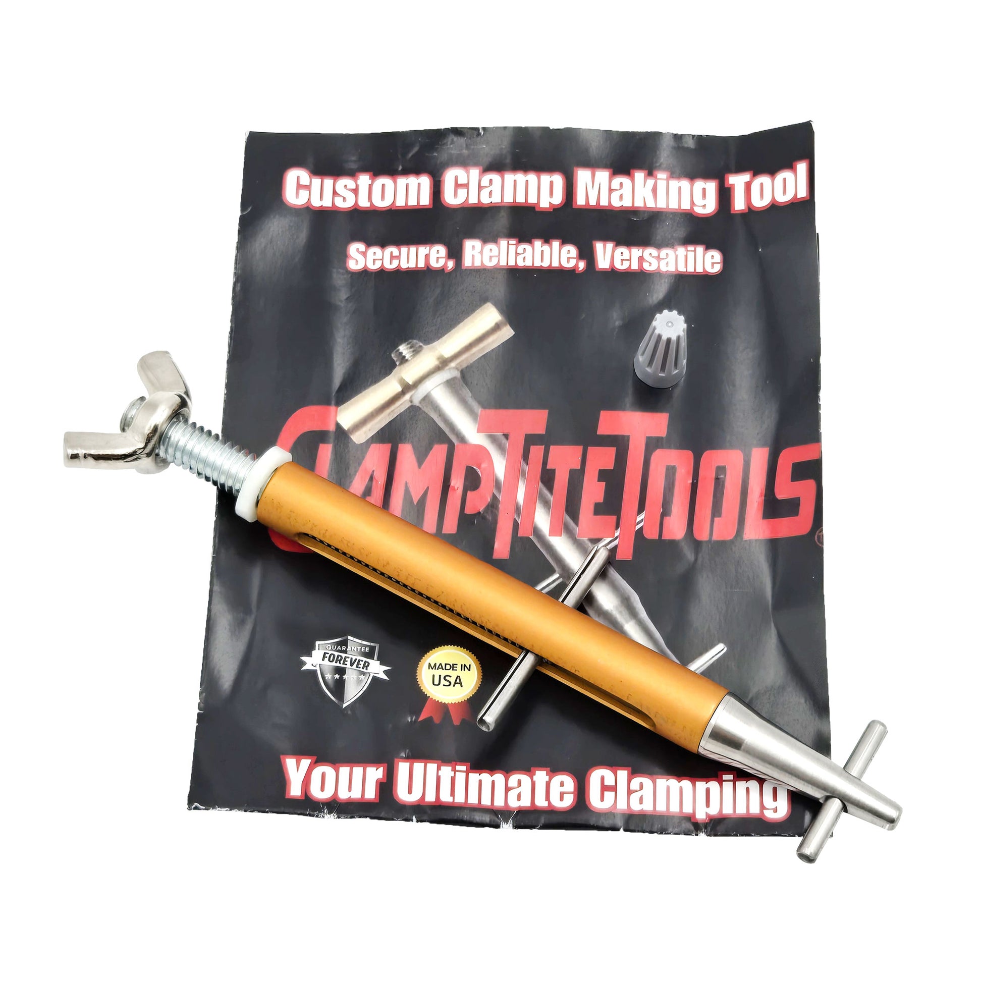 ClampTite plated steel tool with aluminum nut, 4.75 inch size, brass-toned finish shown on black and red packaging with USA made and lifetime guarantee text