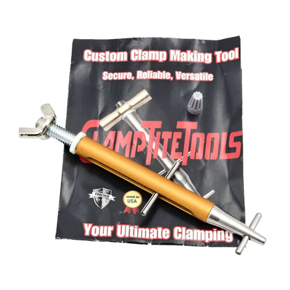 ClampTite plated steel tool with aluminum nut, 4.75 inch size, brass-toned finish shown on black and red packaging with USA made and lifetime guarantee text