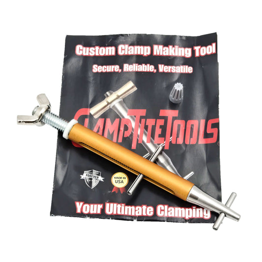 ClampTite plated steel tool with aluminum nut, 4.75 inch size, brass-toned finish shown on black and red packaging with USA made and lifetime guarantee text