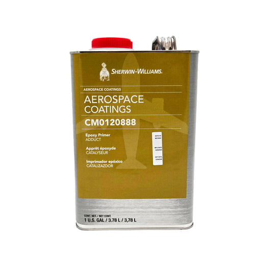 Sherwin Williams Epoxy Sanding Surfacer Adduct CM0120888 gallon can front label with aerospace coatings branding, batch number, and expiration date