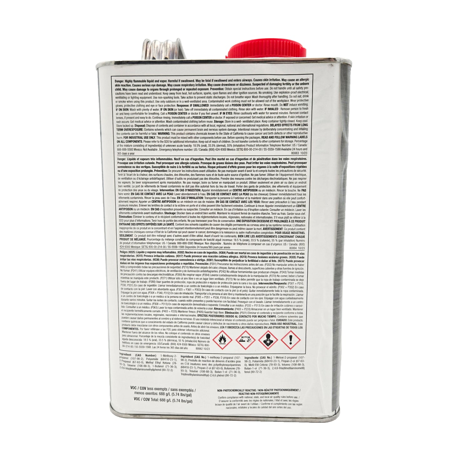 Sherwin Williams Epoxy Sanding Surfacer Adduct CM0120888 gallon can back label with safety warnings, hazard info, ingredients, and VOC content