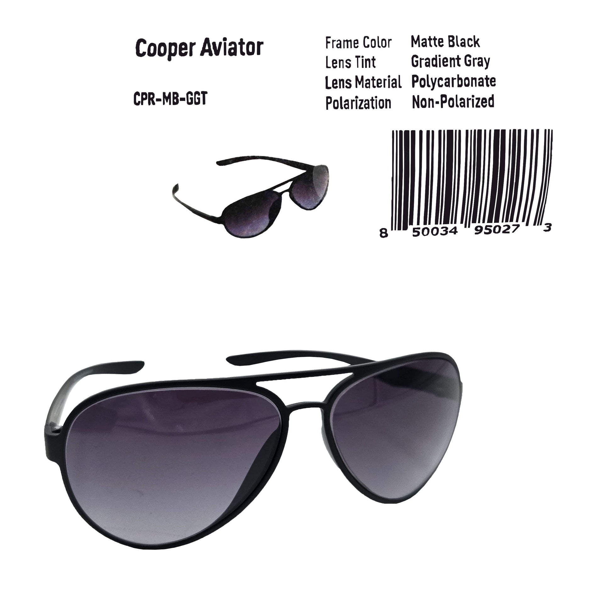 Cooper Aviator Sunglasses – matte black frame with gradient gray polycarbonate lenses, product details and barcode