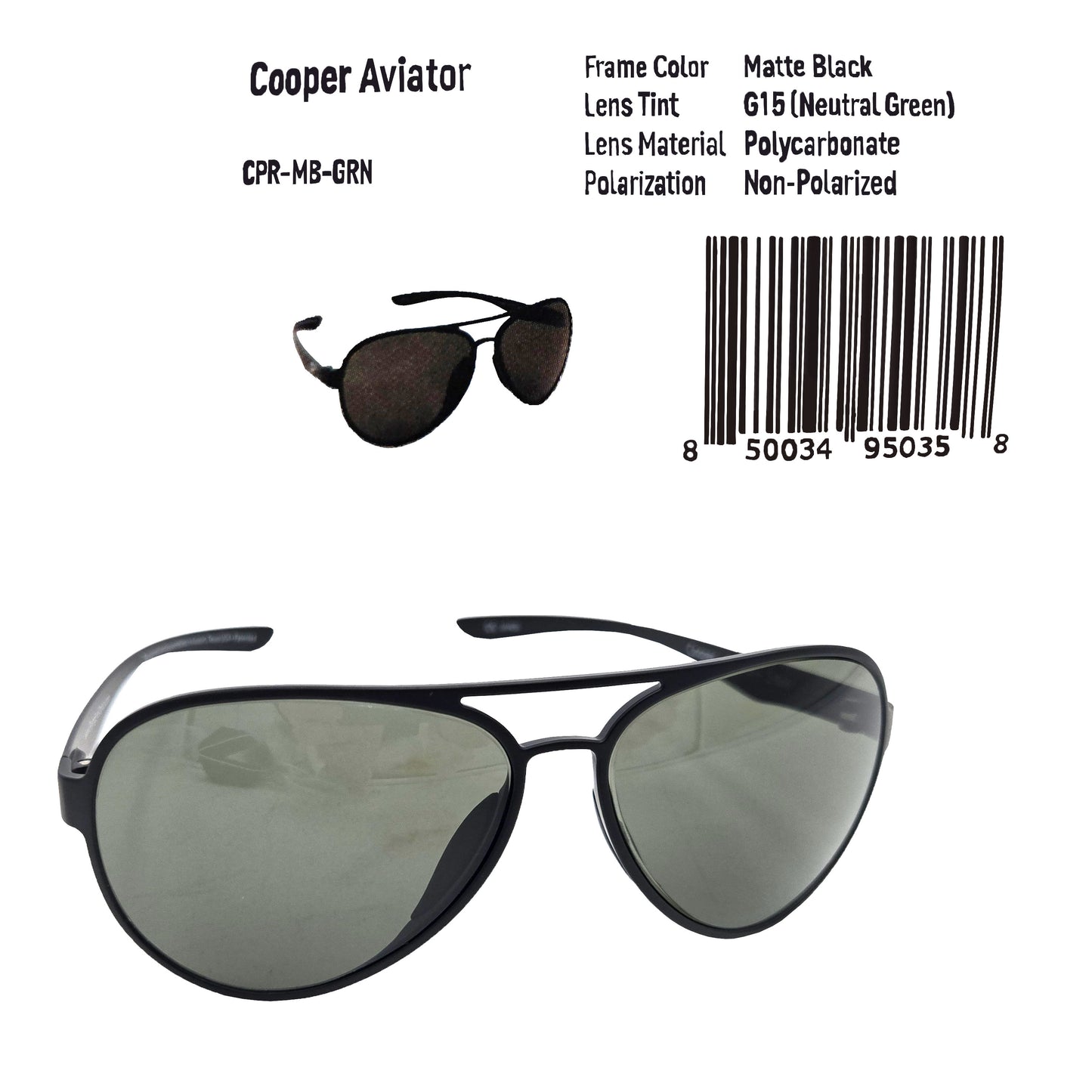 Cooper Aviator Sunglasses – matte black frame with G15 neutral green lenses, product details and barcode