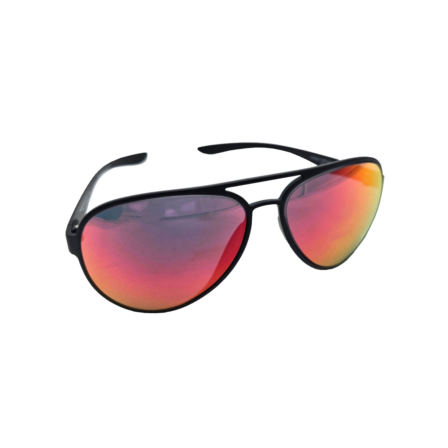 Cooper Aviator Sunglasses – matte black frame with mirrored sunset lenses in orange, yellow, and red gradient, product details and barcode