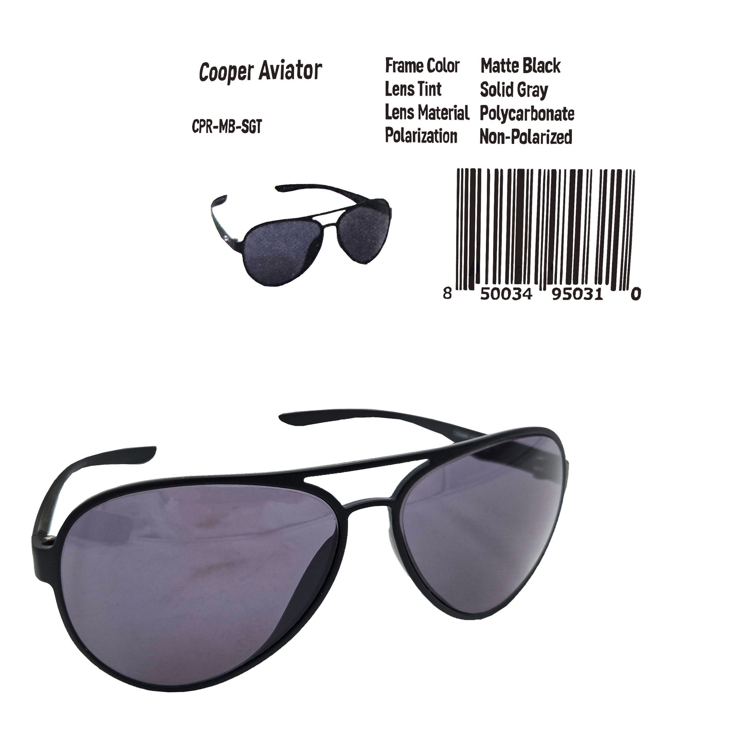 Cooper Aviator Sunglasses – matte black frame with solid gray lenses, product details and barcode