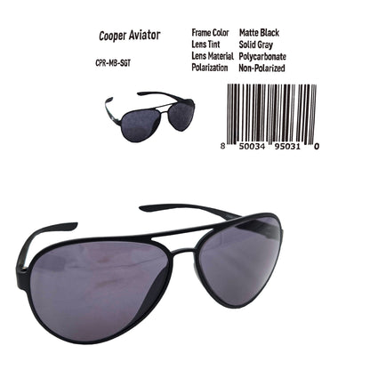 Cooper Aviator Sunglasses – matte black frame with solid gray lenses, product details and barcode