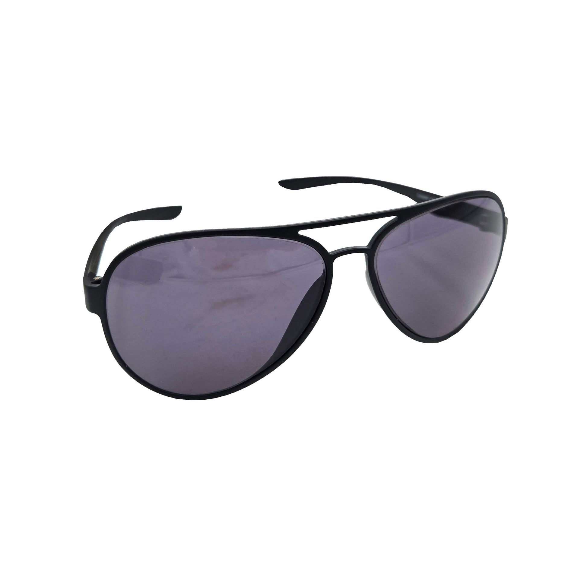 Cooper Aviator Sunglasses – matte black frame with solid gray lenses, product details and barcode