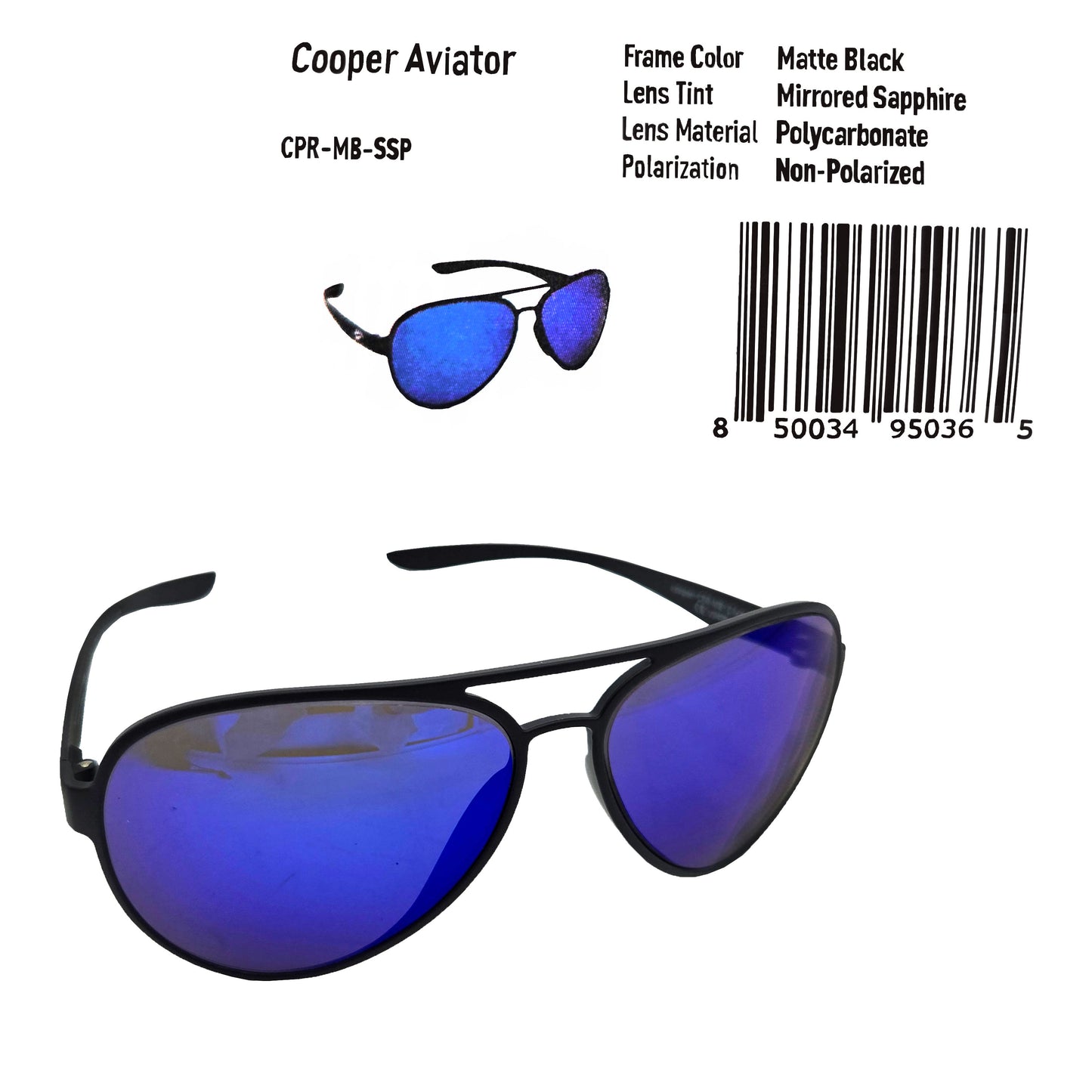 Cooper Aviator Sunglasses – matte black frame with mirrored sapphire blue reflective lenses, product details and barcode