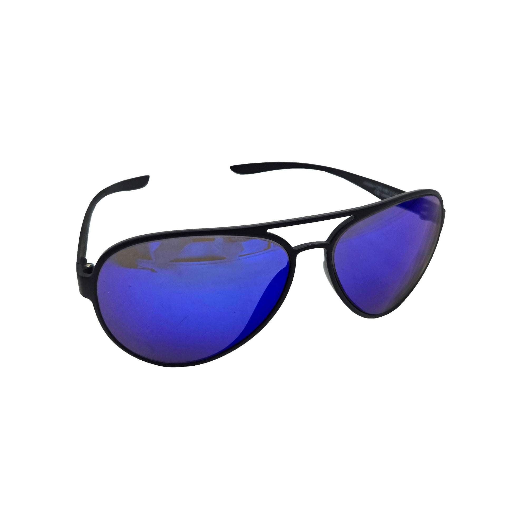 Cooper Aviator Sunglasses – matte black frame with mirrored sapphire blue reflective lenses, product details and barcode