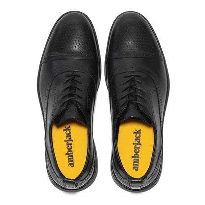 Amberjack Cap-Toe Obsidian black pilot oxford dress shoe, left side view, cap-toe lace-up | Top