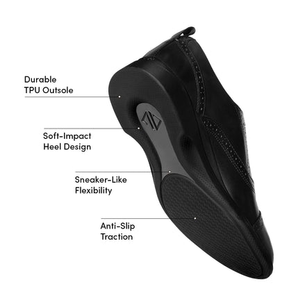 Amberjack Cap-Toe Obsidian black pilot oxford dress shoe, left side view, cap-toe lace-up | Features