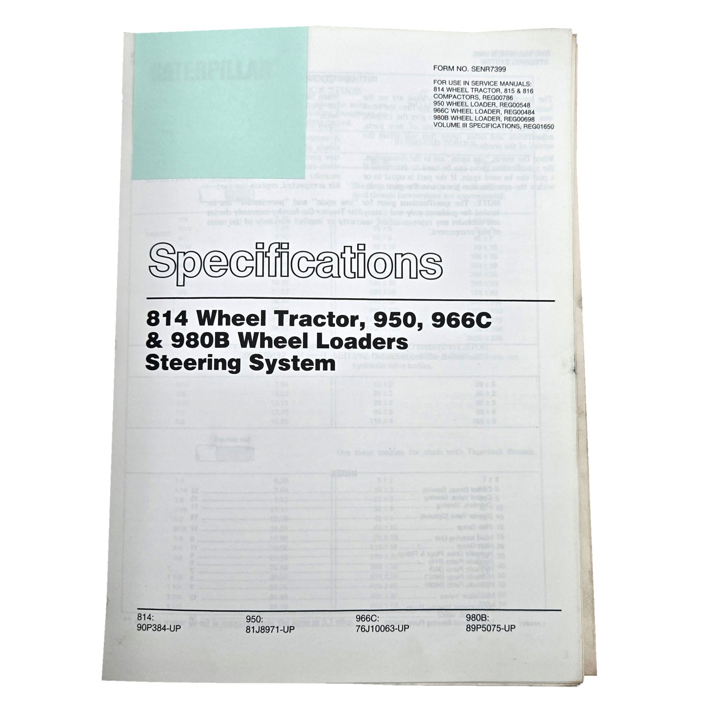 Section 3: 814 Tractor, 950, 966C & 980B Wheel Loaders Steering System: Specifications