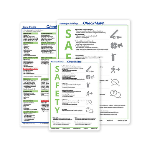 CheckMate Crew and Passenger Briefing Card – Standard and Compact sizes front and back for pilot safety briefings