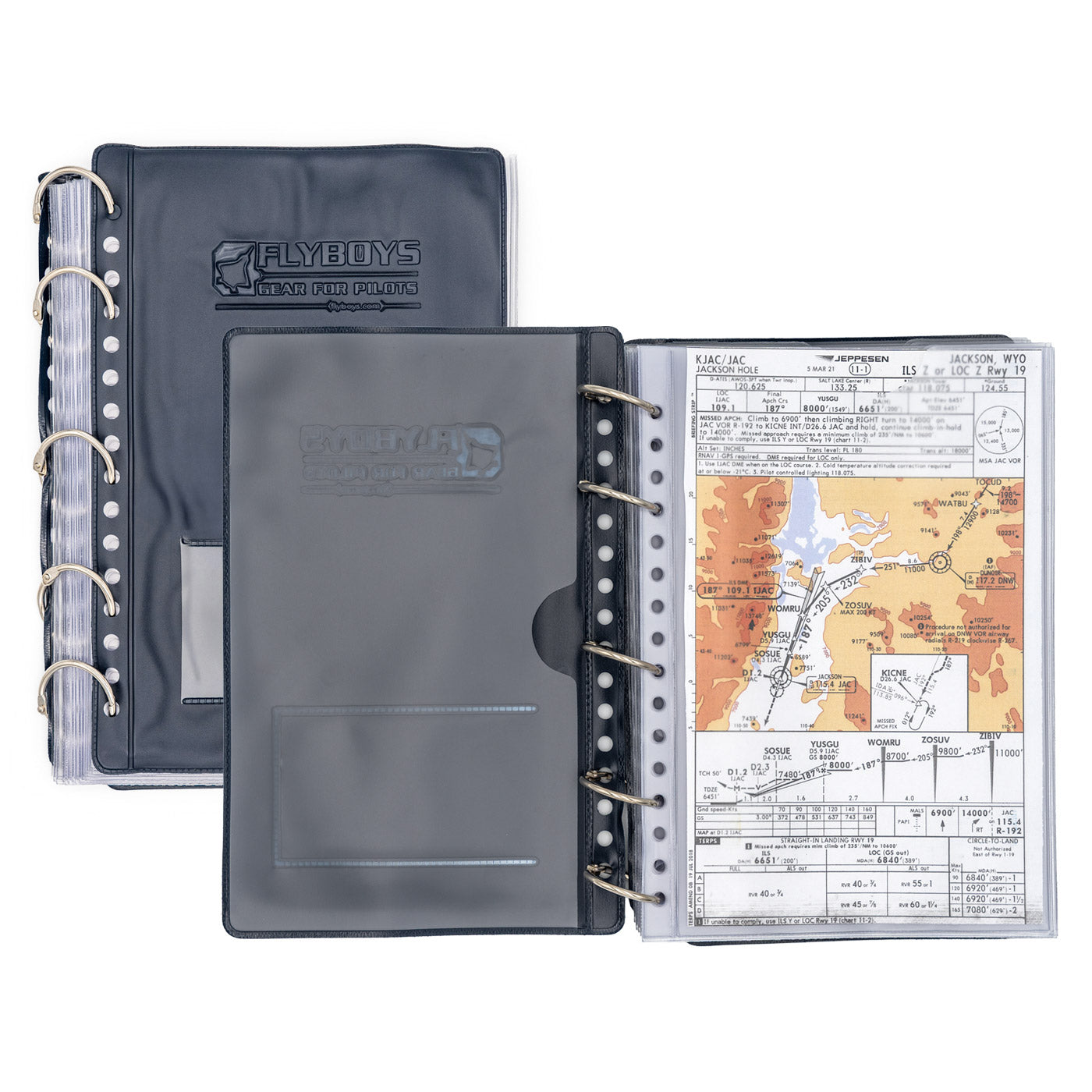 FlyBoys pilot checklist binder open showing plastic sleeves for Jeppesen charts and cockpit checklists