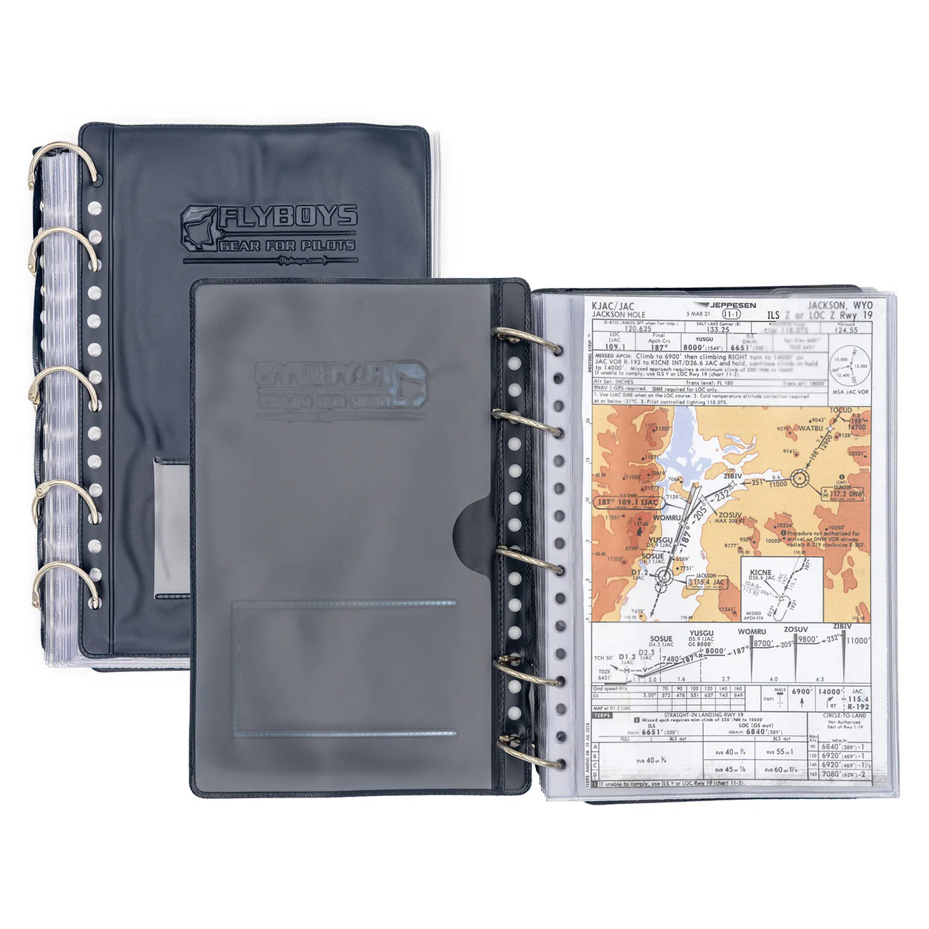 FlyBoys 5 x 8 pilot checklist book open binder with ring binding for aviation checklist organization, with map installed