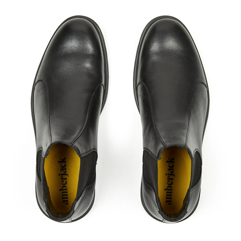 Amberjack Chelsea Obsidian black pilot boot, left side view, elastic side gore slip-on construction | Top Veiw