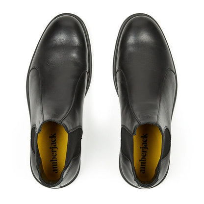 Amberjack Chelsea Obsidian black pilot boot, left side view, elastic side gore slip-on construction | Top Veiw