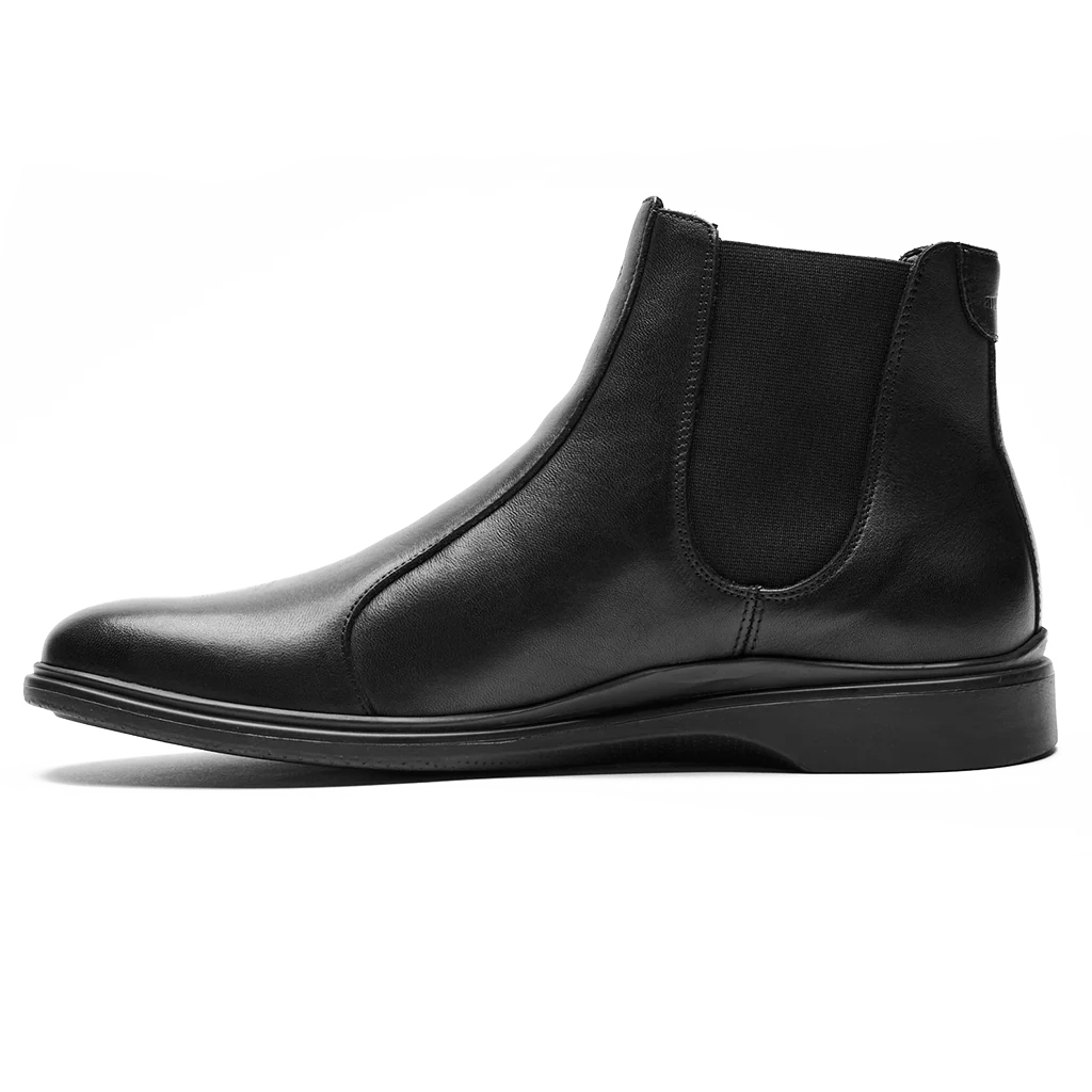 Amberjack Chelsea Obsidian black pilot boot, left side view, elastic side gore slip-on construction | Left