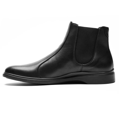 Amberjack Chelsea Obsidian black pilot boot, left side view, elastic side gore slip-on construction | Left