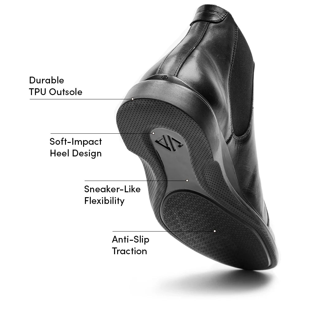 Amberjack Chelsea Obsidian black pilot boot, left side view, elastic side gore slip-on construction | Features